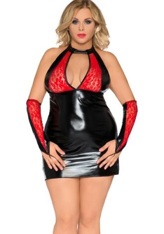 Wet-Look Chemise mit roter Spitze