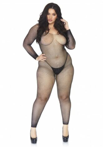 Netz-Bodystocking mit Steinchen und Ärmeln – Queensize
