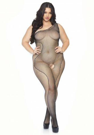 Netz-Bodystocking asymmetrisch mit Steinchen – Queensize