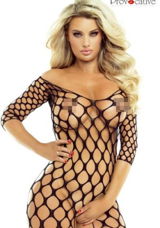 schwarzer Catsuit aus grobem Netz-Material ouvert