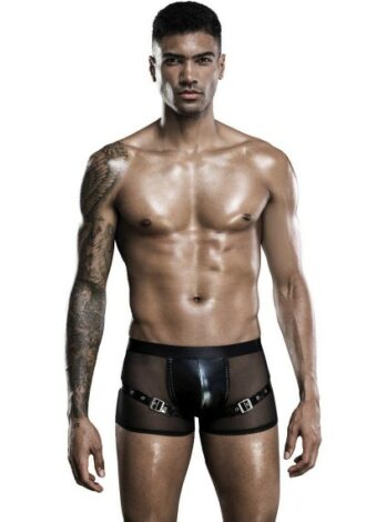 schwarze Herrenshorts aus feinem Netzmaterial mit Kunstleder und verstellbare…