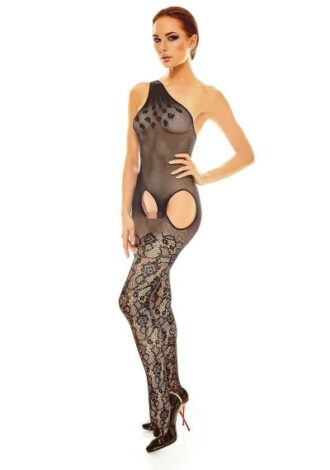 Bodystocking aus grobem Netzmaterial mit Blumen und Spitzenmuster