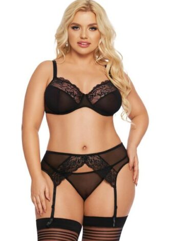 dreiteiliges Dessous-Set aus feinem Netzmaterial und Spitze
