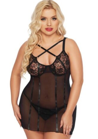 schwarzes Chemise aus Tüllmaterial mit Spitze und schwarzen Bändern