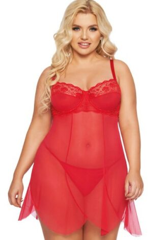 rotes Chemise aus Tüllmaterial mit Spitze und Bügel-Cups