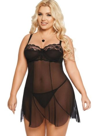 schwarzes Chemise aus Tüllmaterial mit Spitze und Bügel-Cups