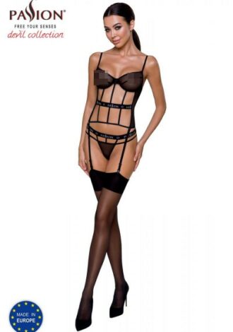 schwarzes Corset aus feinem Netzmaterial und Gummibändern mit Bügel-Cups
