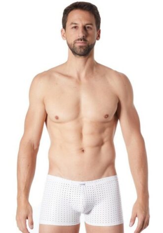 weisse Herrenboxer-Shorts Kunstleder mit Löchern