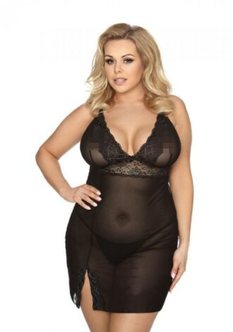 schwarzes Chemise aus transparentem Tüllmaterial mit Spitze