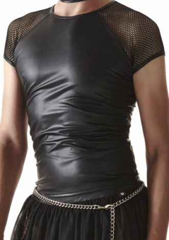 schwarzes T-Shirt in Wetlook-Optik mit Netzarmen