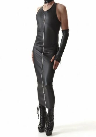 langes, schwarzes Wetlook-Kleid mit Reisverschluss