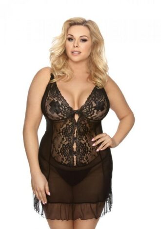 schwarzes Negligee aus Spitz und transparentem Tüll