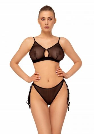schwarze Dessous-Set aus Netzstoff mit Strapsenhalter