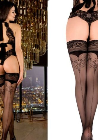 Transparente halterlose Strümpfe mit Ornamentmuster schwarz