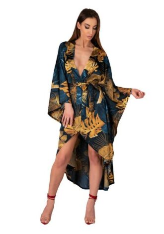 Morgenmantel mit Flora Muster blau/gold