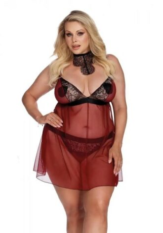 Bordeauxrotes Chemise aus Tüllmaterial und Spitze