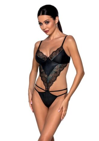 Eleganter Stringbody aus lederähnlichem Material und glänzender Spitze schwarz