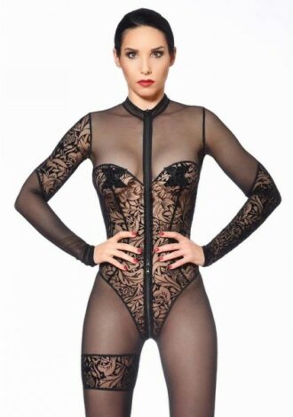 Netz-Catsuit mit asymmetrischem Spitzendetail