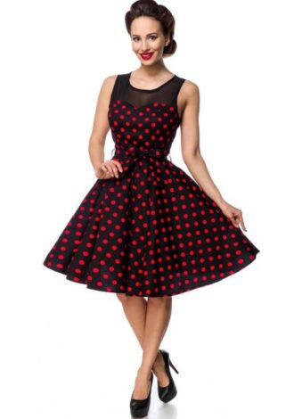 Schulterfreies Swing-Kleid mit Dots – schwarz/rot