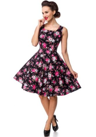 Retrokleid mit Tellerrock und U-Boot-Ausschnitt — schwarz/rot