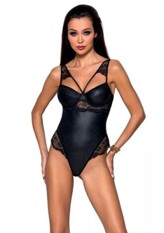 Schwarzer Kunstleder-Body mit Spitze