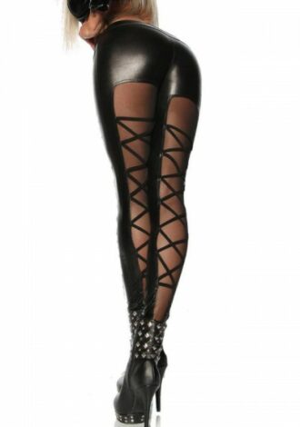 Wetlook Leggings mit Netzeinsatz und Zierbändern
