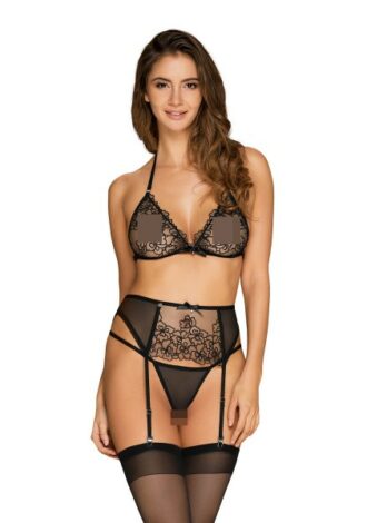 Dessous-Set aus transparentem Mesh mit floralen Verzierungen