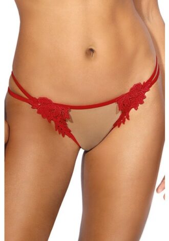 Verführerischer String mit elastischen Riemchen und Blütenverzierungen rot