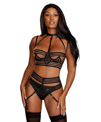 Sheer Striped Bra, Garter Belt and G-String Set – S – Black