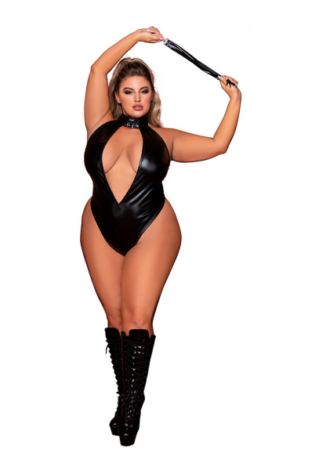 Faux Halter Teddy with Flogger – Plus Size – Black