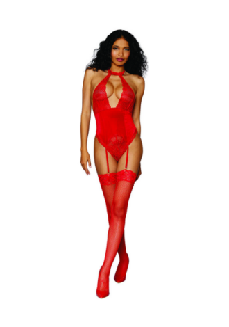 Women’s Stretch Lace and Stretch Velvet Garter Teddy – One Size – Red