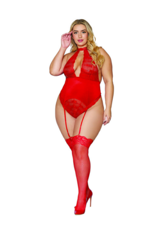 Women’s Stretch Lace and Stretch Velvet Garter Teddy – Plus Size – Red