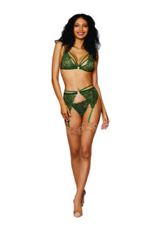 Women’s Metallic Corded Lace 3 Piece Set – One Size – Green