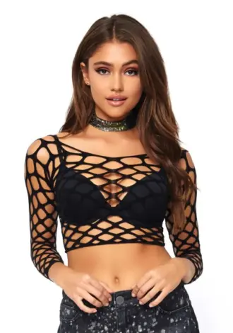 Langärmeliges Lochnetz-Crop-Top