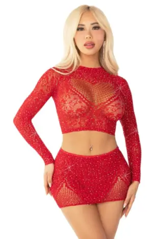 Strassbesetztes Crop-Top und Mini-Rock