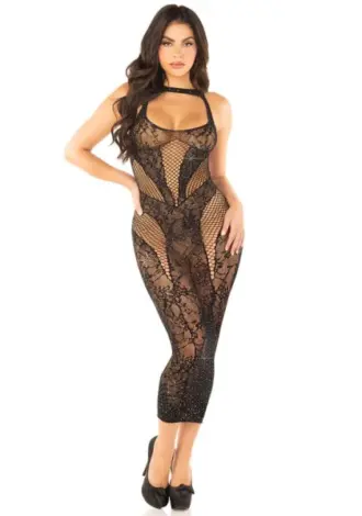 Strassbesetztes Kleid aus Spitze und Netz