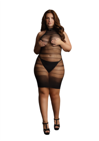 High Lace Neck Net Mini Dress – Plus Size
