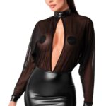 Wetlook-Minikleid mit Mesh-Bluse