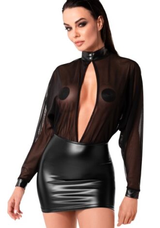 Wetlook-Minikleid mit Mesh-Bluse