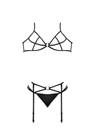 Bra, Garter and G-String Set with Rings and Straps – S/M – Black