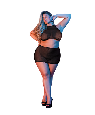 Polka Dot Mesh Halter and Skirt Set – 2X – Black
