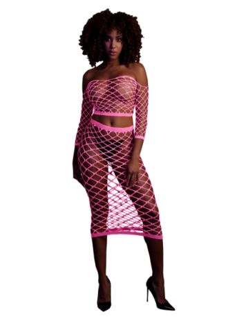 Long Sleeve Crop Top and Long Skirt – One Size – Neon Pink