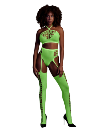 Two Piece with Crop Top and Stockings – One Size – Neon Green