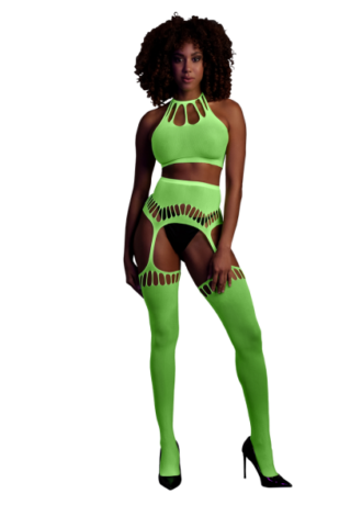 Two Piece with Crop Top and Stockings – One Size – Neon Green
