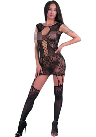 Bodystocking in Netzkleid- und Strapsoptik schwarz