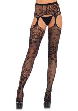 Strapsstrumpfhose ‚Blumen‘ schwarz