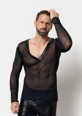 Shirt aus Mesh mit tiefem Ausschnitt – Schwarz