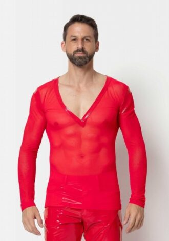 Shirt aus Mesh mit tiefem Ausschnitt – Rot