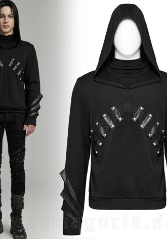 Schwarzer Kapuzenpullover Kunstleder- und Mesh-Details